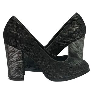 ISOLA HAYLEY BLACK SILVER METALLIC SOFT BLOCK HEEL SZ 7 M